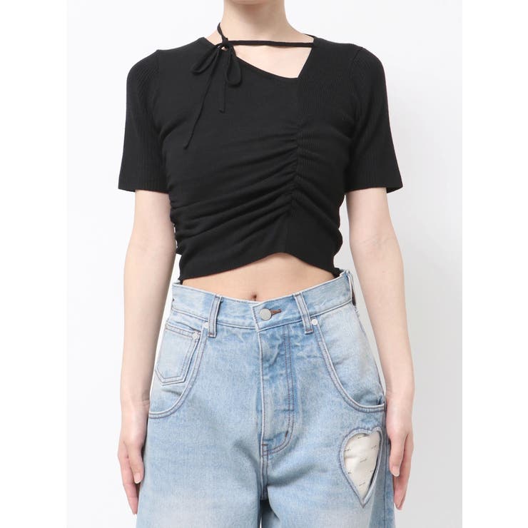 チョーカーギャザーショートスリーブニット[品番：MKSW0065830