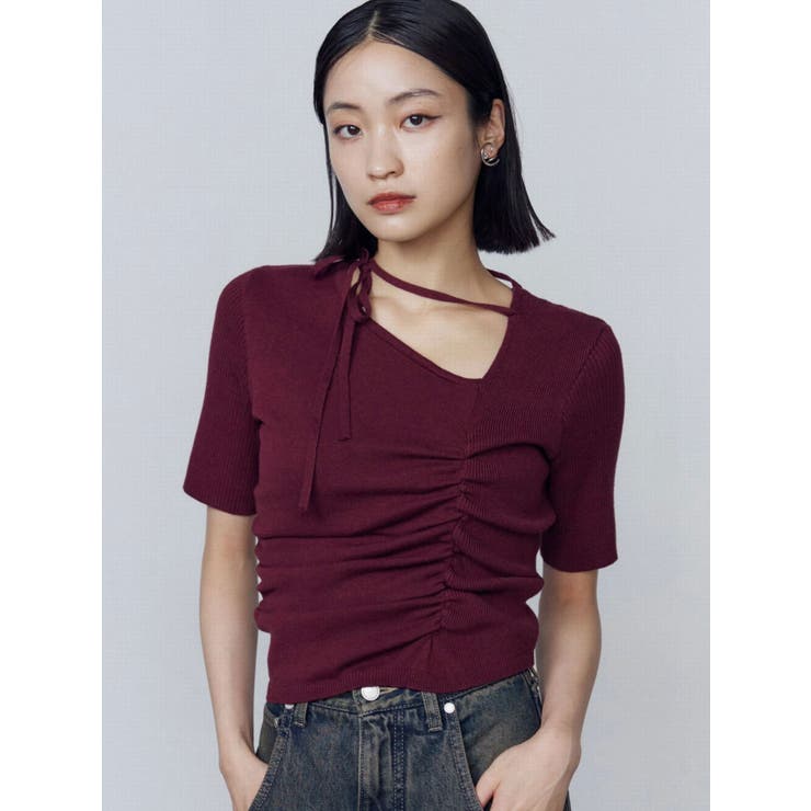 レッド | チョーカーギャザーショートスリーブニット | EMODA
