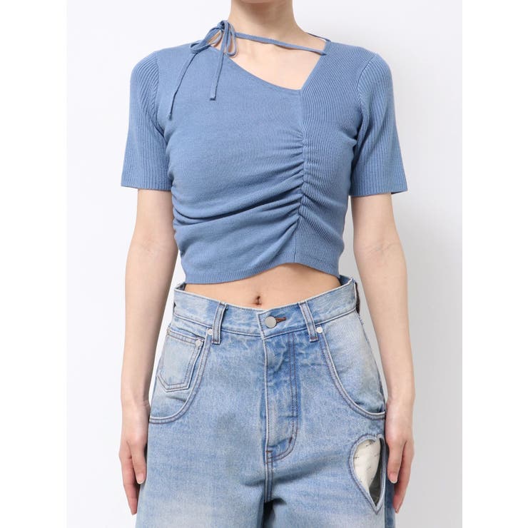 ブルー | チョーカーギャザーショートスリーブニット | EMODA