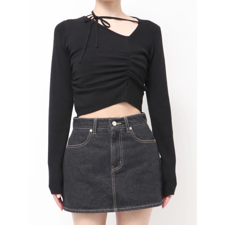 ブラック | CHOKER GATHER LONG SLEEVE KNIT | EMODA