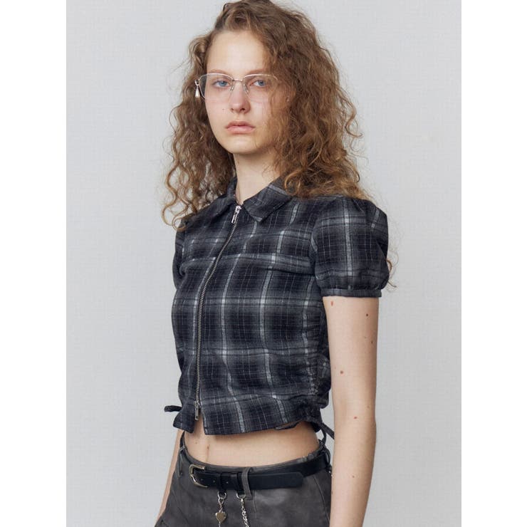 ブラック | ストリングリボンジップシャツトップ | EMODA