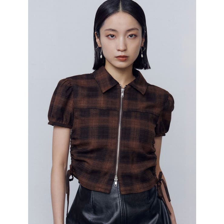 ブラウン | ストリングリボンジップシャツトップ | EMODA