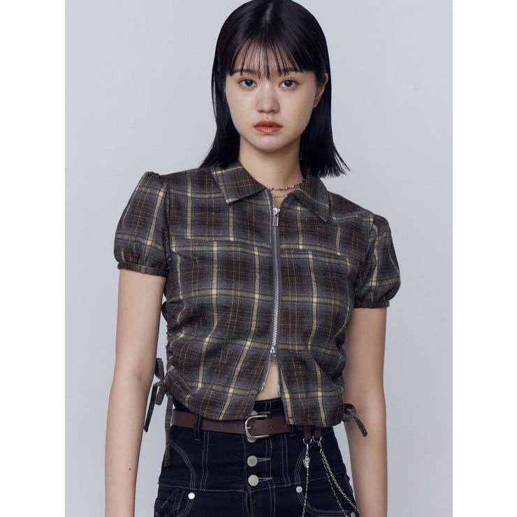 カーキ | ストリングリボンジップシャツトップ | EMODA