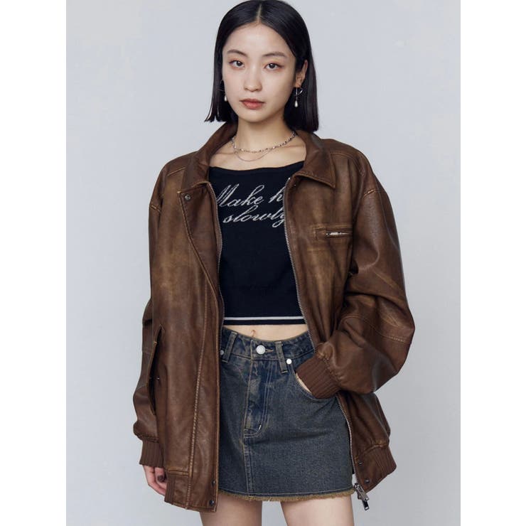 ダークブラウン レザージャケット EMODA フェイクレザーオーバーブルゾン EMODA（エモダ）の「フェイクレザーオーバーブルゾン（ブルゾン