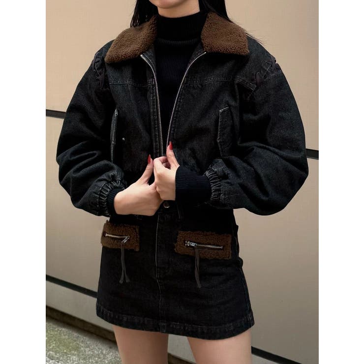 ブラック | ボアカラーデニムブルゾン | EMODA