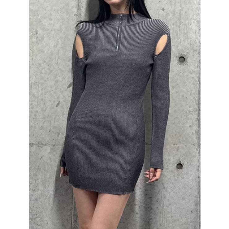 グレー | オープンリブジップニットワンピース | EMODA