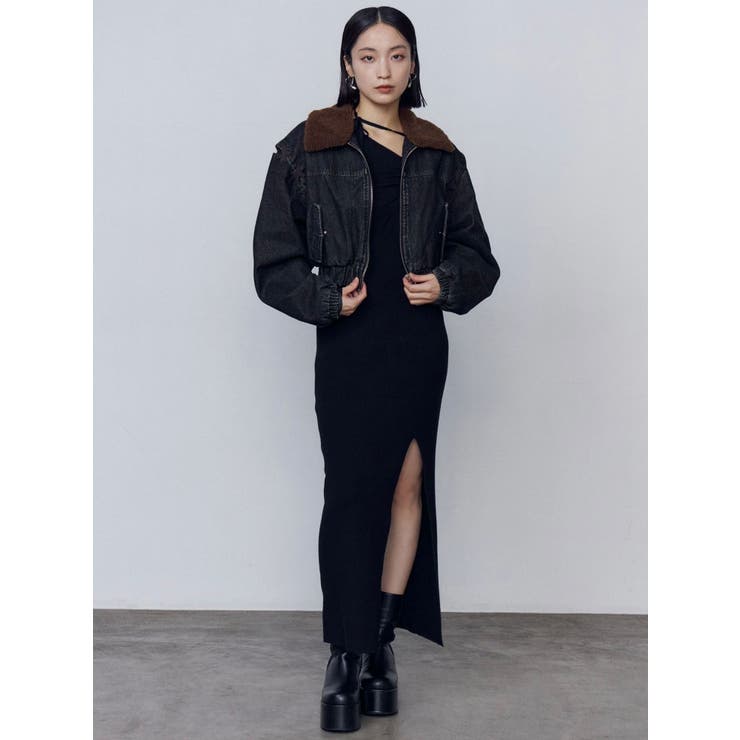 チョーカーギャザーフィットニットワンピース[品番：MKSW0066294