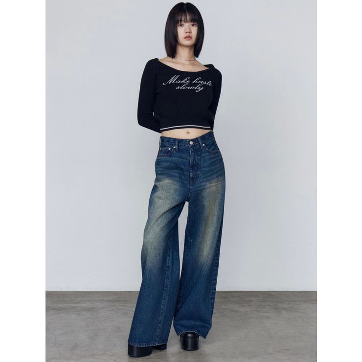 EMODA ヘムギャザーアイウエストジーンズ 美品 S EMODA（エモダ）の「2WAYスーパーハイウエストワイドジーンズ