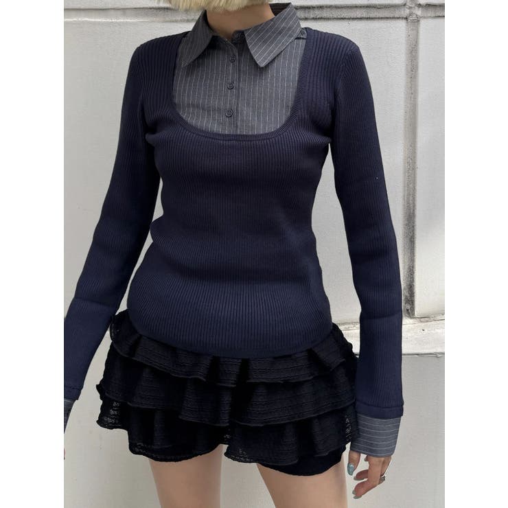 ネイビー | ドッキングシャツニットトップ | EMODA