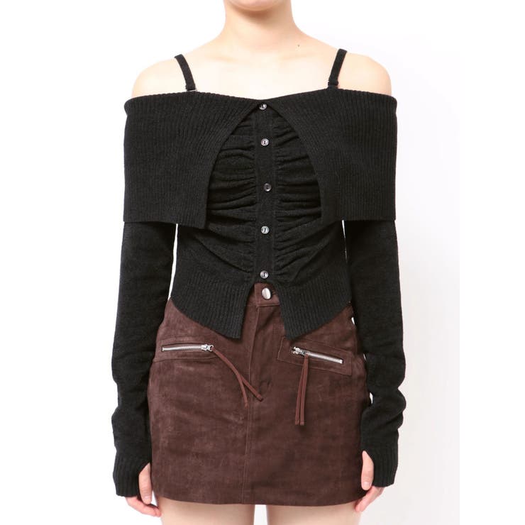 ブラック | FRONT BUTTON OFF SHOULDER KNIT | EMODA
