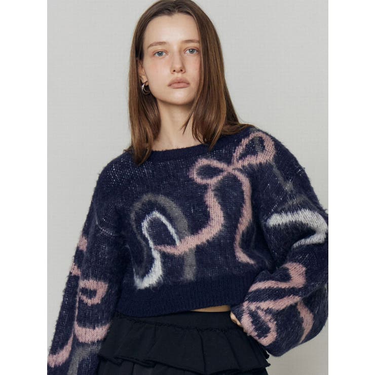 ネイビー | リボンラインショートニット | EMODA