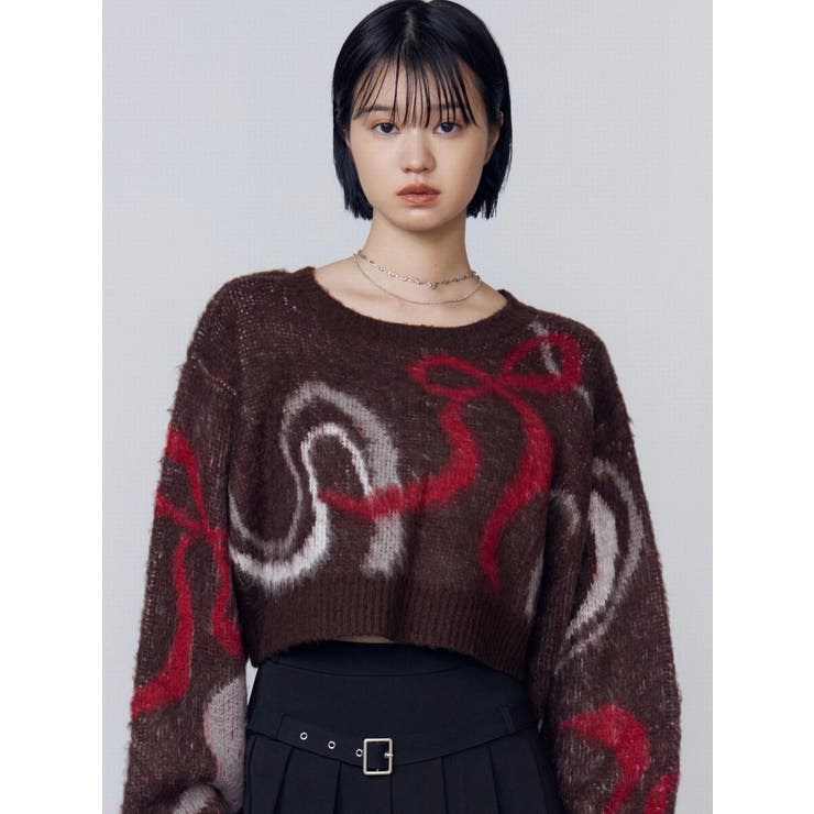 ブラウン | リボンラインショートニット | EMODA