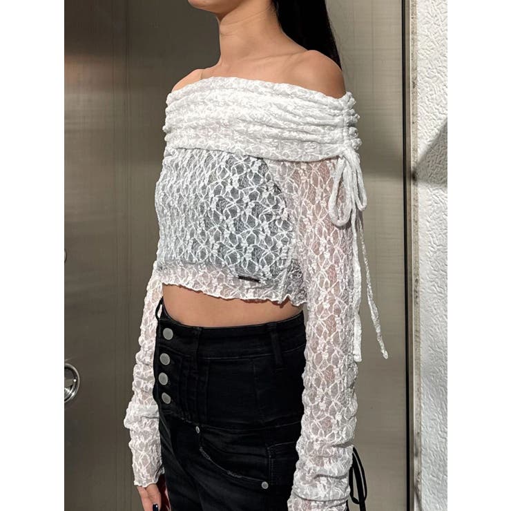 ホワイト | レースオフショルダートップ | EMODA