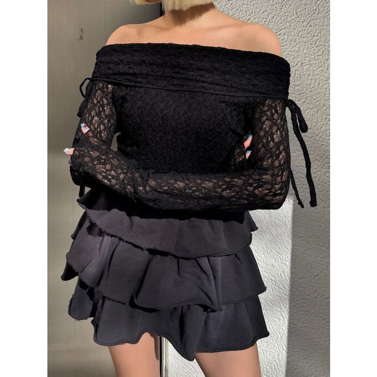 ブラック | レースオフショルダートップ | EMODA