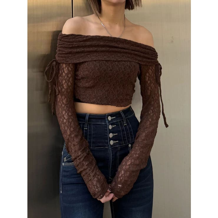 ブラウン | レースオフショルダートップ | EMODA