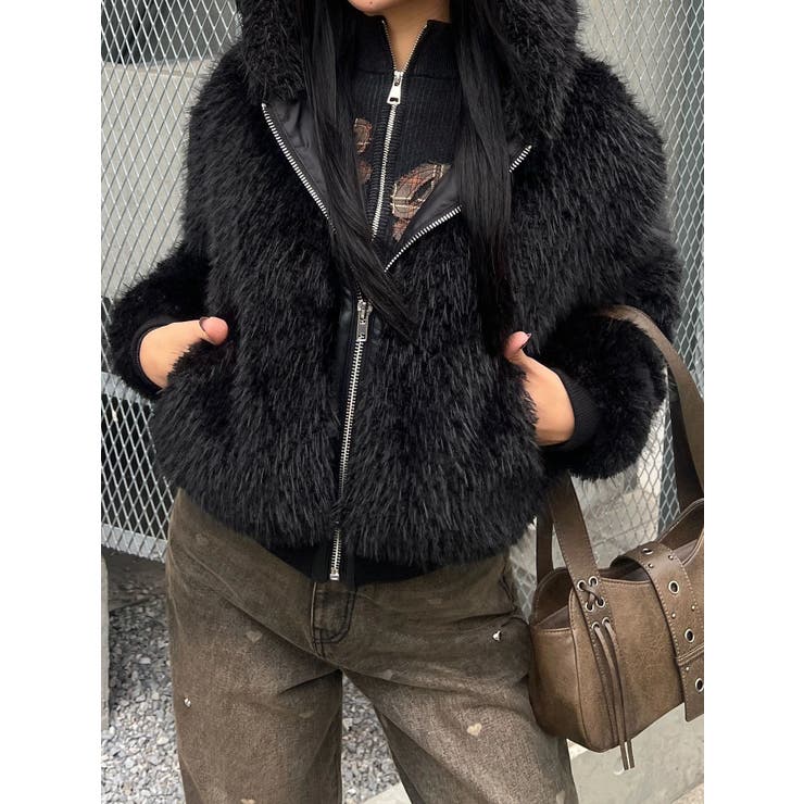 ブラック | フードフェイクファーブルゾン | EMODA