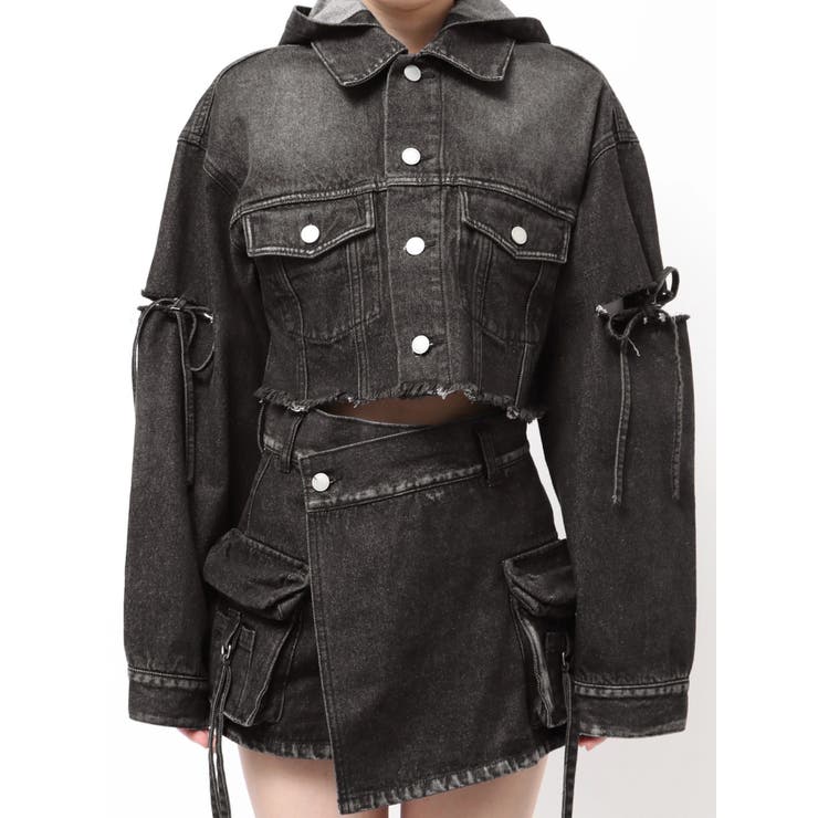 ブラック | カットスリーブフードデニムブルゾン | EMODA