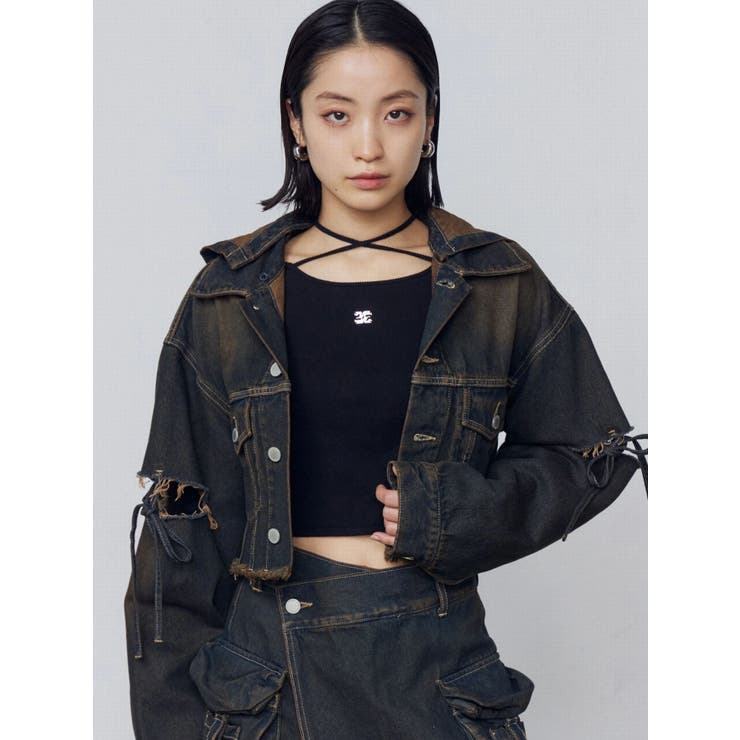 インディゴ | カットスリーブフードデニムブルゾン | EMODA