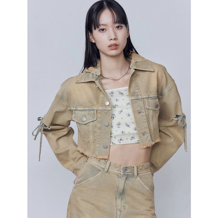 ベージュ | カットスリーブフードデニムブルゾン | EMODA