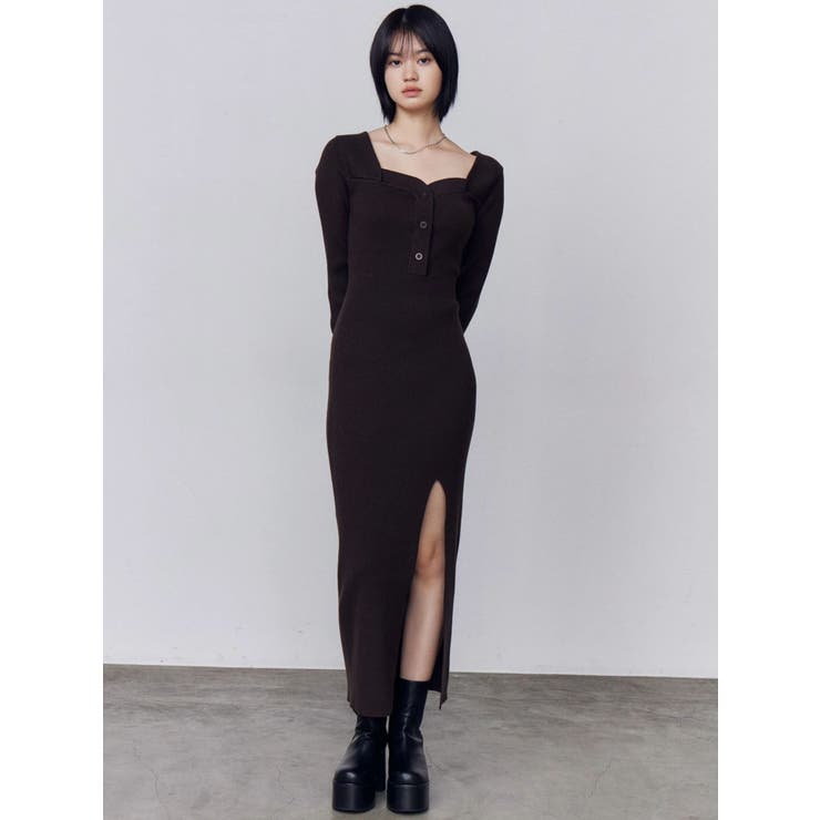 ブラウン | フロントボタンリブニットワンピース | EMODA