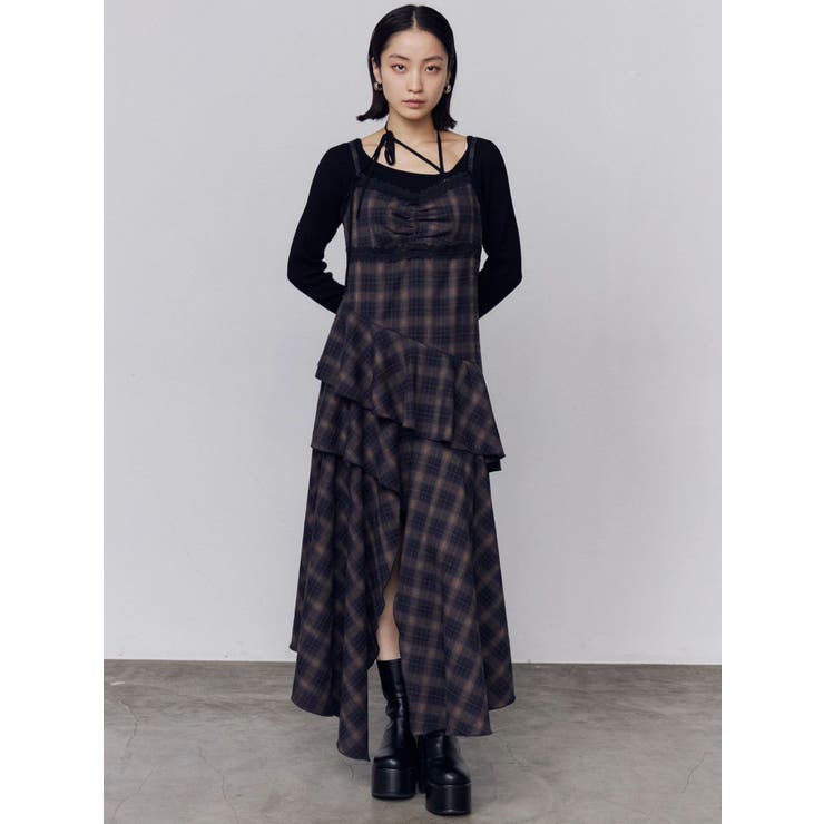 ネイビー | アシンメトリーフリルマキシワンピース | EMODA