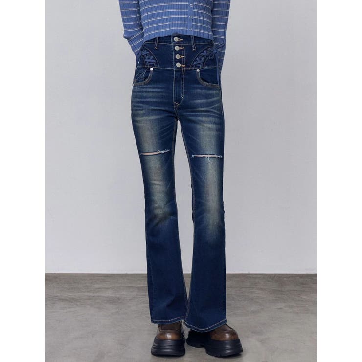 インディゴ | カーブレースアップハイウエストフレアパギンス | EMODA