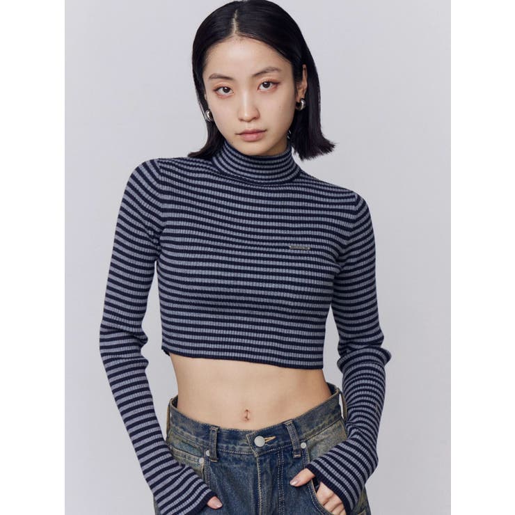 ネイビー | ハイネッククロップニット | EMODA