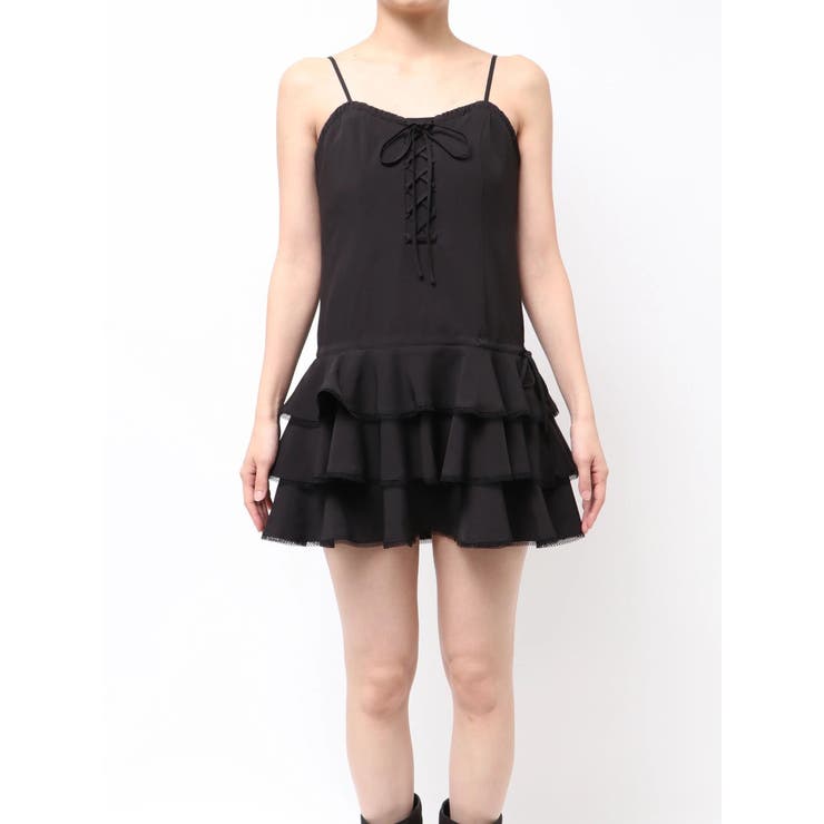 ブラック | レースアップティアードミニワンピース | EMODA