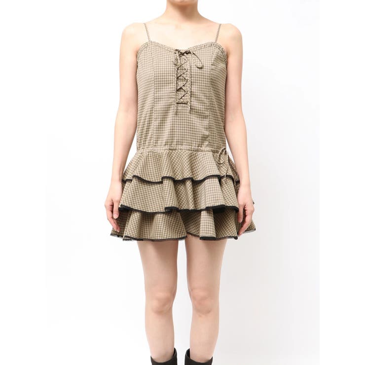 ベージュ | レースアップティアードミニワンピース | EMODA