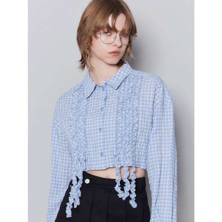 ブルー | テープフリルワイドショートシャツ | EMODA
