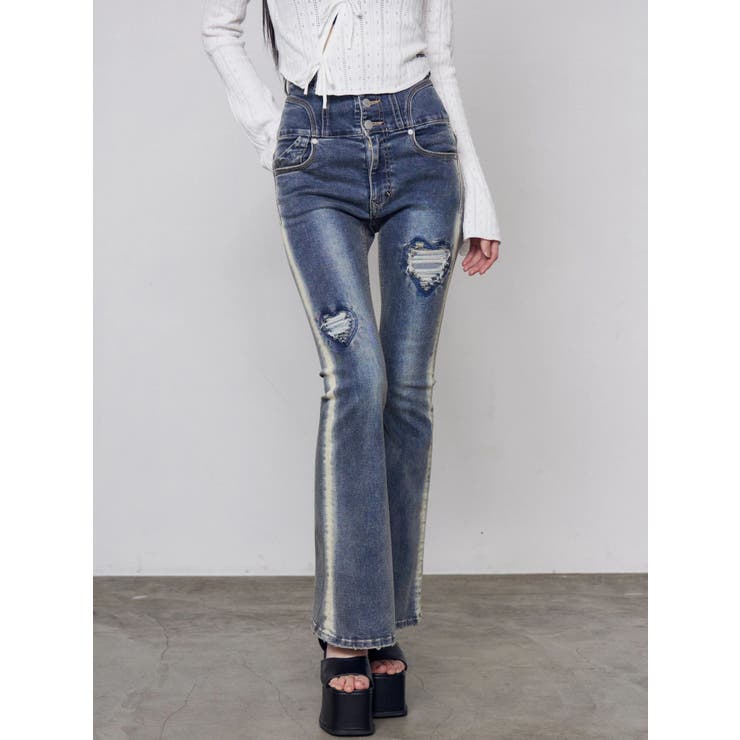 インディゴ | ハートダメージハイウエストフレアパギンス | EMODA