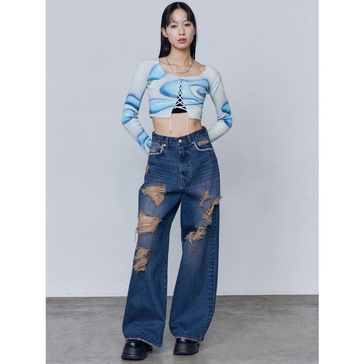 バルキーワイドハイウエストクラッシュジーンズ | EMODA | 詳細画像12 