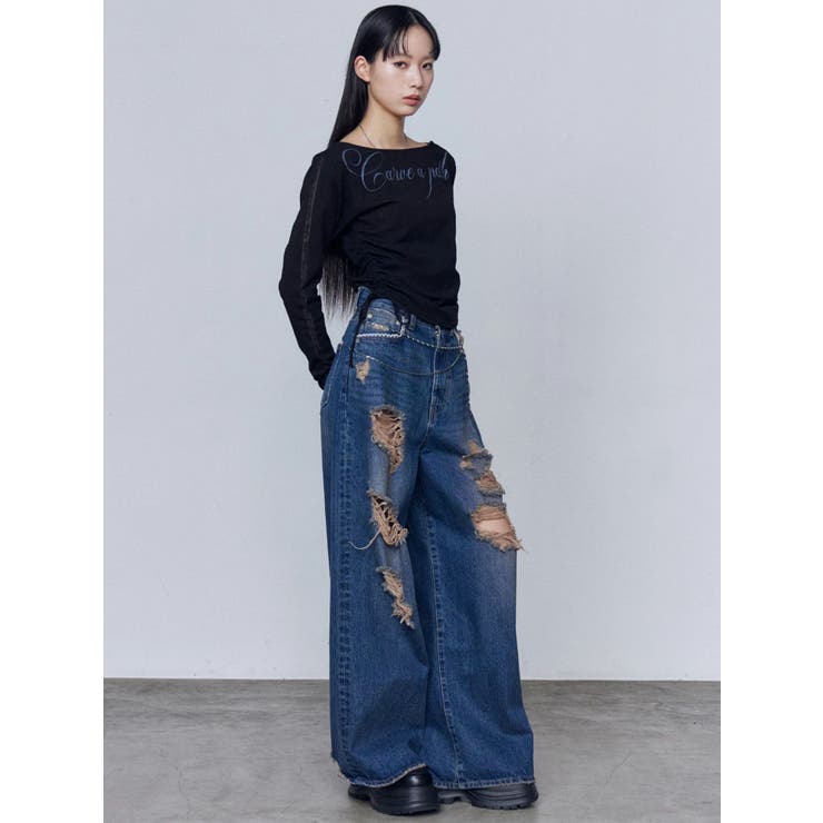 バルキーワイドハイウエストクラッシュジーンズ | EMODA | 詳細画像15 