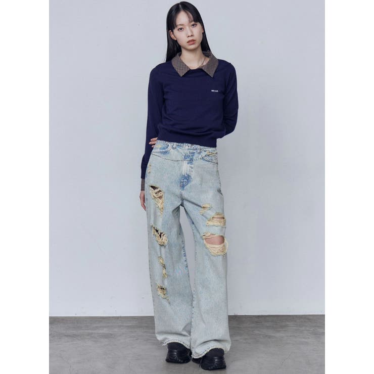 バルキーワイドハイウエストクラッシュジーンズ | EMODA | 詳細画像6 