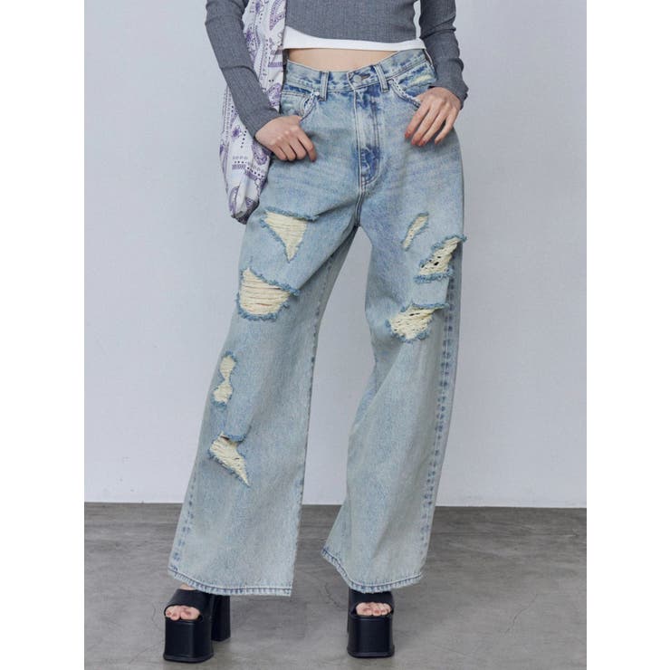 バルキーワイドハイウエストクラッシュジーンズ | EMODA | 詳細画像8 