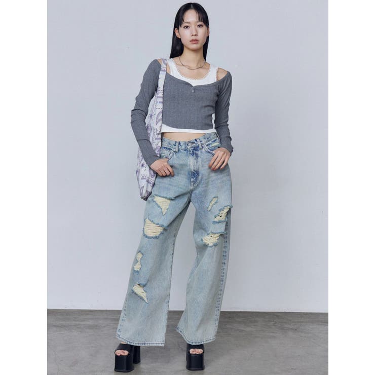 バルキーワイドハイウエストクラッシュジーンズ | EMODA | 詳細画像9 