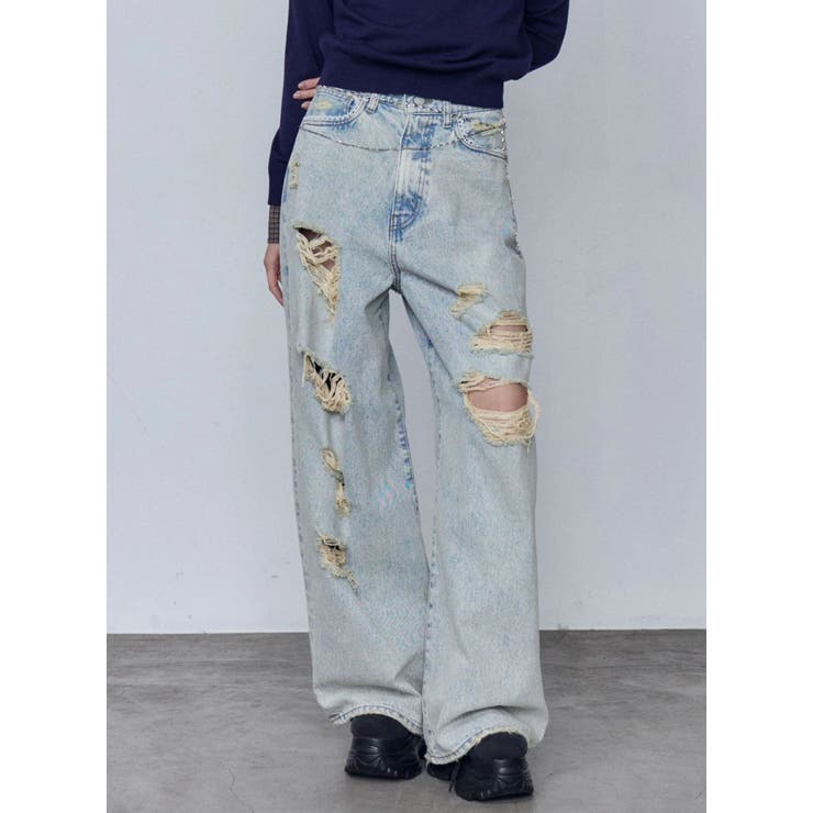 アイスブルー | バルキーワイドハイウエストクラッシュジーンズ | EMODA