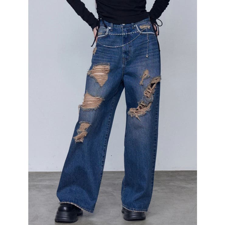 インディゴ | バルキーワイドハイウエストクラッシュジーンズ | EMODA