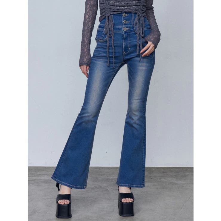 ブルー | ドットラインハイウエストフレアパギンス | EMODA