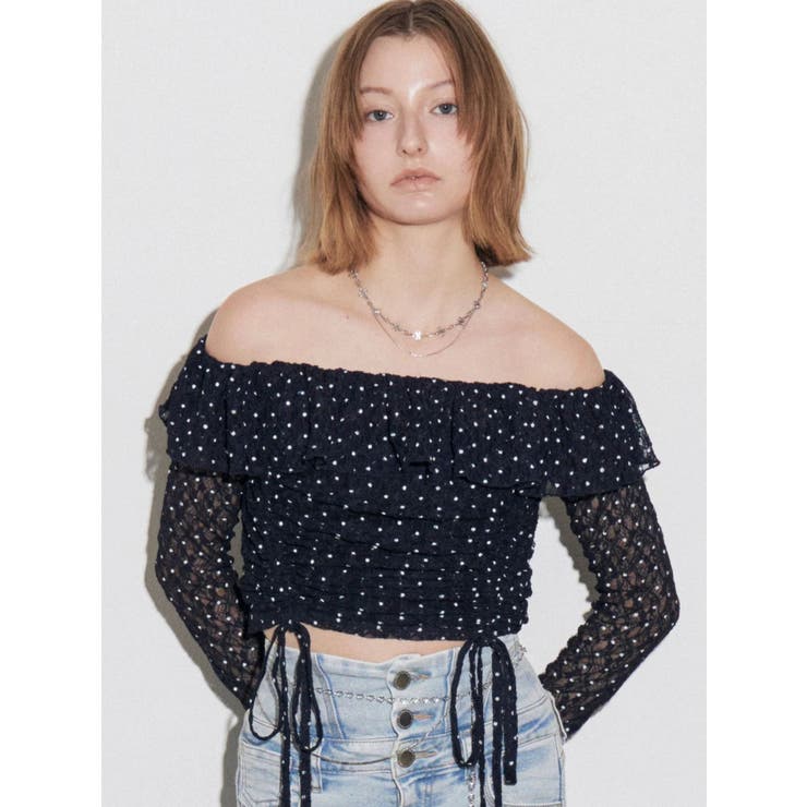 ネイビー | オフショルダーギャザートップ | EMODA