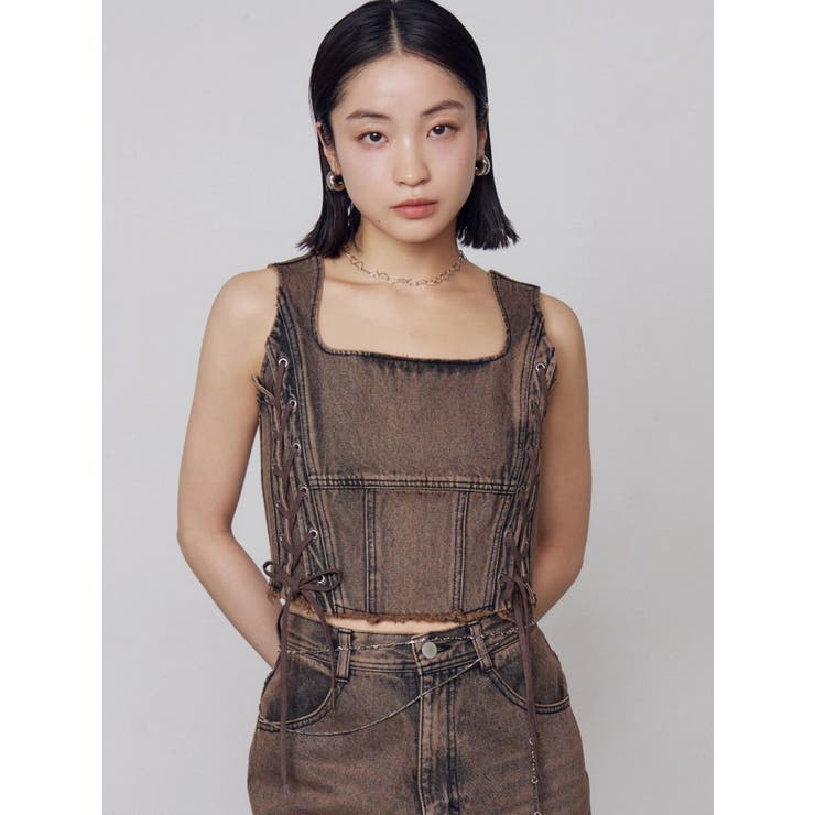 ブラウン | サイドレースアップデニムビスチェ | EMODA