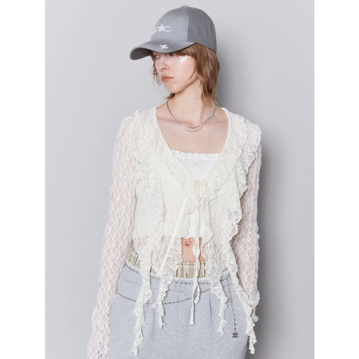 ホワイト | ドットラッフルフリルクロップトップ | EMODA