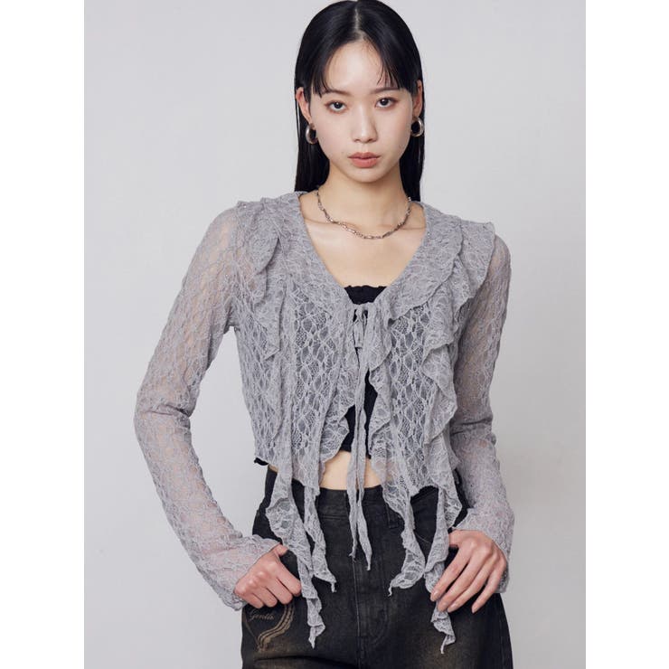 グレー | ドットラッフルフリルクロップトップ | EMODA