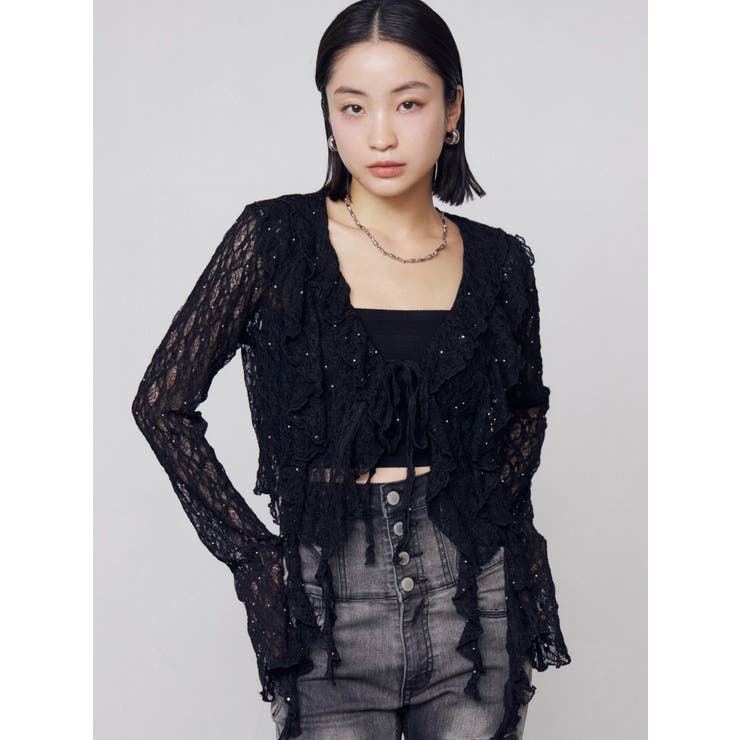 ブラック | ドットラッフルフリルクロップトップ | EMODA