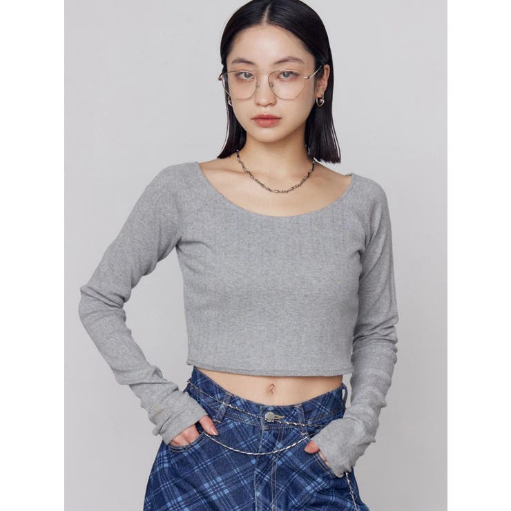 グレー | アイレットクロップドロングスリーブTシャツ | EMODA