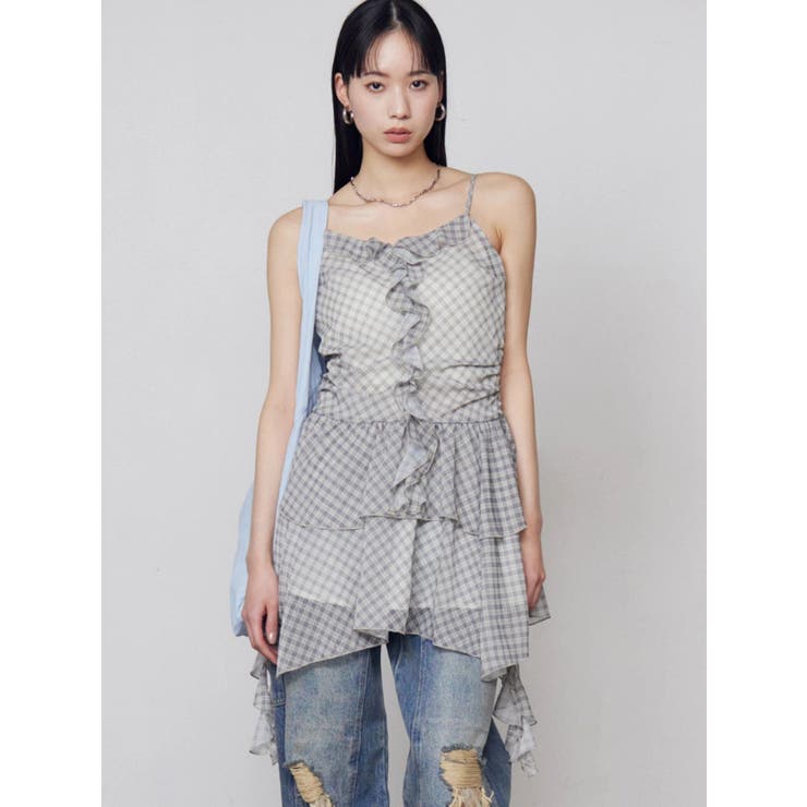 ベージュ | シアーラッフルキャミロングトップ | EMODA