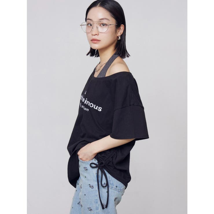 ブラック | ルーズネックストリングTシャツ | EMODA