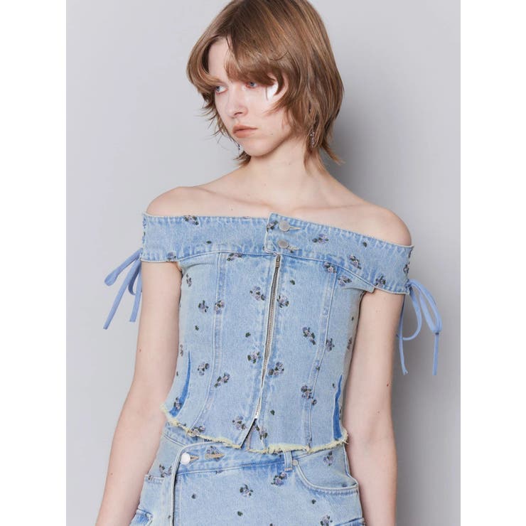 アイスブルー | デニムオフショルダートップ | EMODA