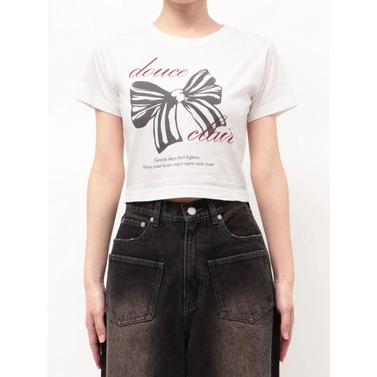 ホワイト | リボンプリントTシャツ | EMODA