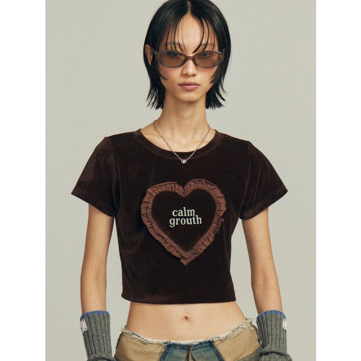 ブラウン | ハートフリルロゴTシャツ | EMODA